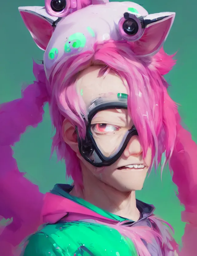 Image similar to a beautiful headshot portrait of a cute splatoon anime male with pink hair and pink wolf ears green eyes piercings wearing a hoodie. character design by cory loftis, fenghua zhong, ryohei hase, ismail inceoglu and ruan jia. artstation, volumetric light, detailed, photorealistic, fantasy, rendered in octane