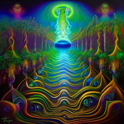 Image similar to ayahuasca visions and healing astral journey in oil painting, trending on artstation, award winning, emotional, highly detailed dark surrealist art