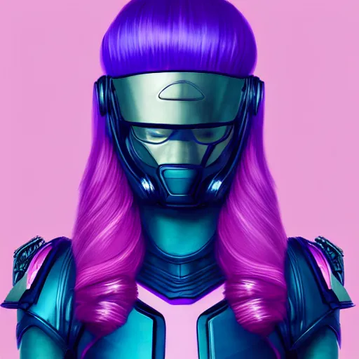 Prompt: a stunning upper body portrait of a beautiful young woman wearing futuristic navy blue and teal battle bodyarmor and pauldrons and ombre purple and pink hairstyle with hair blowing in the wind, by marvel comics, outrun, vaporware, highly detailed, fine detail, intricate, digital art, trending on artstation