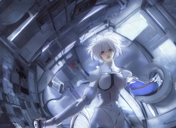 Image similar to This is a digital art piece by Yoshiyuki Sadamoto that is trending on artstation. It is a 8K UHD image of Rei Ayanami, a female anime character, inside a space station with technological rings. She is shot from the ground by Yoshiyuki Sadamoto. The environment is a concept design and the art is hyper realistic with intricate details.