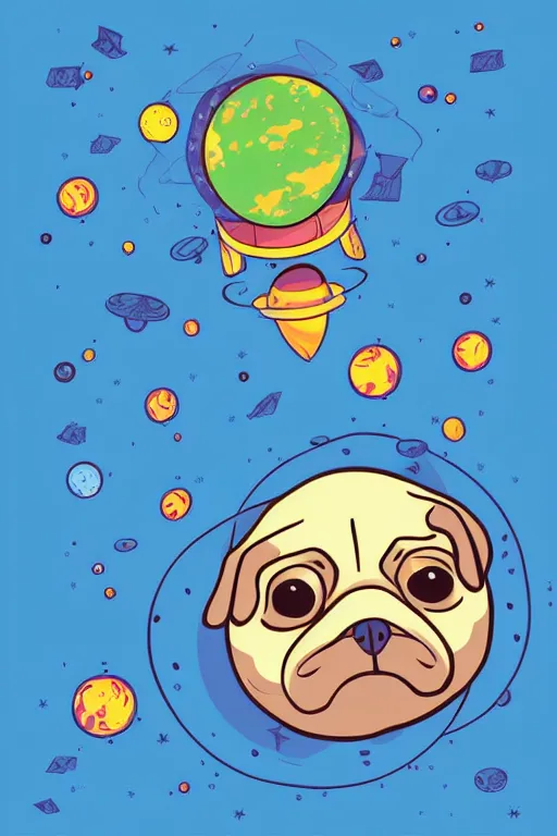 Image similar to planet pug floating in space, art by iktor miller gausa, sticker, colorful, illustration, highly detailed, simple, smooth and clean vector curves, no jagged lines, vector art, smooth