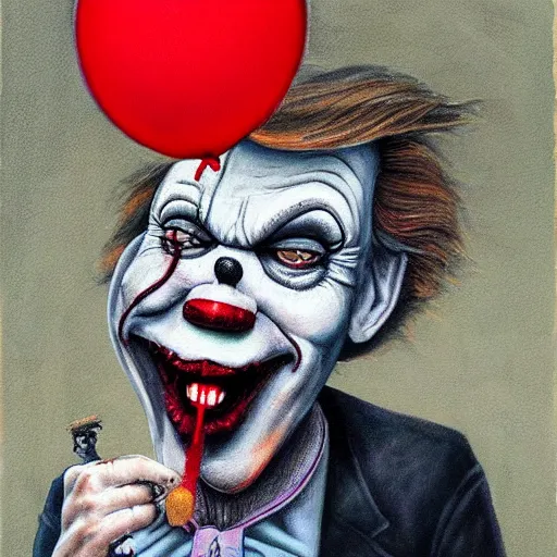 Image similar to grunge painting of donald trump with a wide smile and a red balloon by chris leib, loony toons style, pennywise style, corpse bride style, horror theme, detailed, elegant, intricate