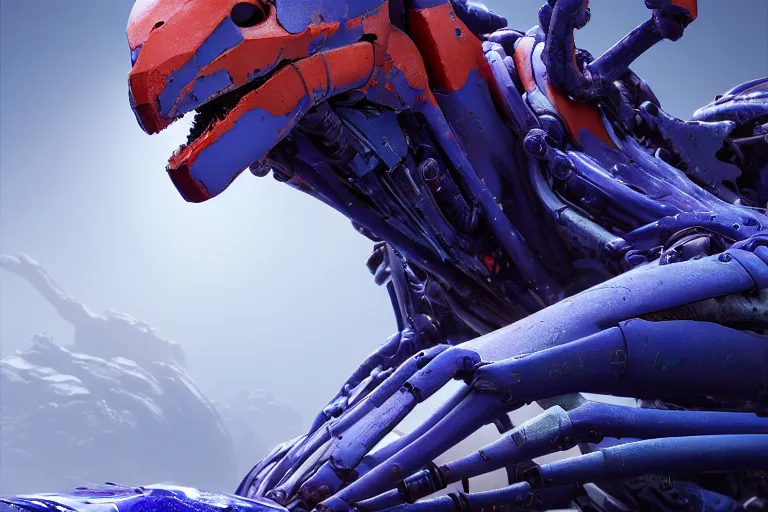 Prompt: portrait of a posed hyper detailed ultramarine burrower evangelion realistic mechanical and fleshy organic creature similar look as horizon forbidden west horizon zero dawn bioluminiscence in a dark deep forest at dawn in spring, with reflection and textures, by kilian eng, substance painter reaslitic mech surface metal painted scratches