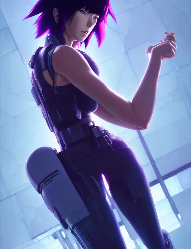 Image similar to a fullbody portrait of motoko kusanagi the major ghost in the shell : : stand alone complex, under repairs, maintenance : : by ilya kuvshinov, rossdraws, artgerm, sola digital arts, anti aliasing, raytracing : :