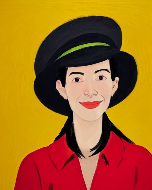 Image similar to portrait of a smiling young woman with hat, long hair and red shirt, yellow background, colorful, by alex katz, close up