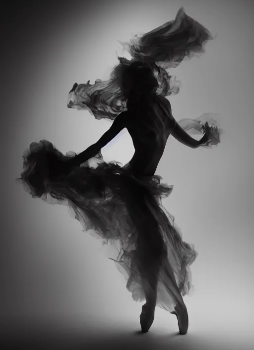 Image similar to a Photorealistic dramatic hyperrealistic render of a glamorous beautiful Female smoke dancer by Ken Brower and Deborah Ory of NYC Dance project,Lois Greenfield,Flowing cloth and smoke,Beautiful dynamic dramatic dark moody lighting,volumetric,shadows,cinematic atmosphere,Octane render,8K