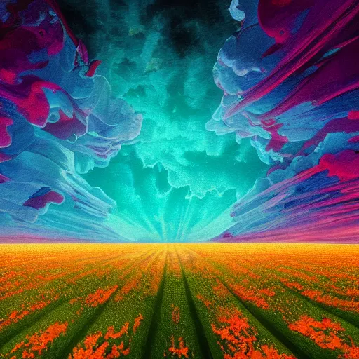 Prompt: beautiful matte render of fractalizing chemical atomic explosion over a ultradetailed trichrome flower field by andreas rocha, charles perry, zack snyder, dan mumford, albert bierstadt, trending on behance, intricate, rectilinear, ultrawide, 8 k resolution