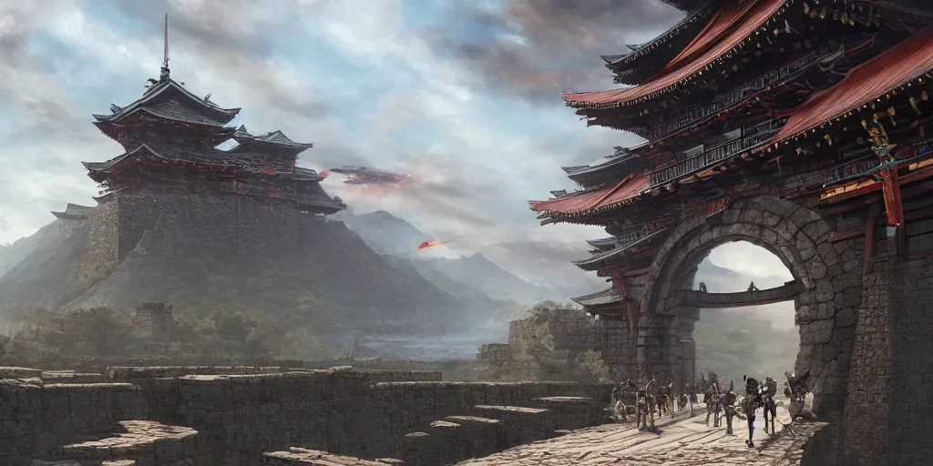 Image similar to giant goddess with swords guarding a japan middle age, giant fortress with cannons guarded by samurais, is built on a strong old wooden bridge, morning, matte painting, concept art, james gurney, greg rutkowski, unreal engine, artstation, john howe