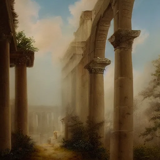 Image similar to a realistic painting hazy misty mythical spirit walking around the ruins of an old roman city in the style of elizabeth jane gardner