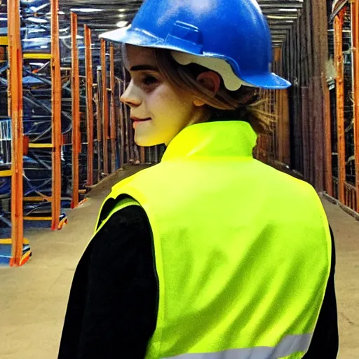 Prompt: photo, close up, emma watson in a hi vis vest, in warehouse, android cameraphone, candid photo 2 6 mm,