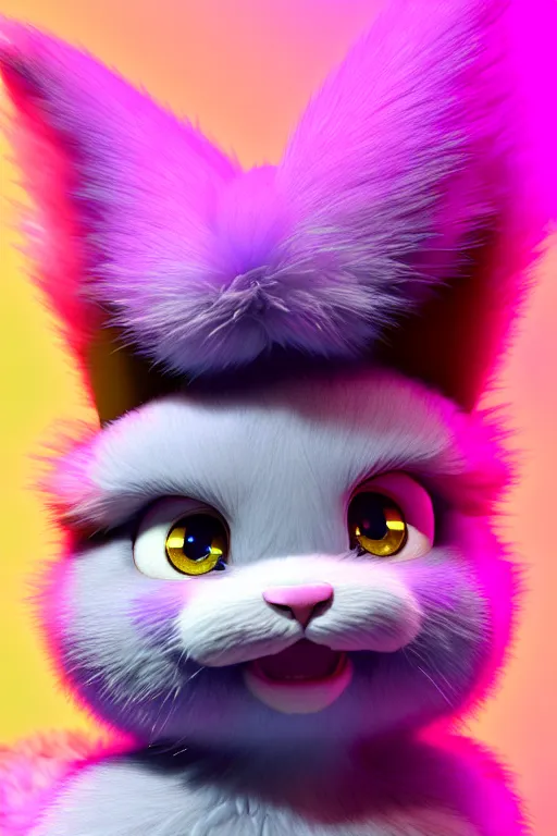 Image similar to high quality 3 d render hyperrealist very cute multicolor stripped fluffy! phoenix cat hybrid highly detailed, vray smooth, in the style of detective pikachu, hannah yata charlie immer, dramatic pink light, low angle, uhd 8 k, sharp focus