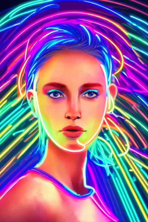 Image similar to a award winning half body portrait of a beautiful woman with stunning eyes in a croptop and cargo pants with rainbow colored ombre hairstyle head in motion and hair flying by thomas danthony, surrounded by whirling illuminated neon lines, outrun, vaporware, shaded flat illustration, digital art, trending on artstation, highly detailed, fine detail, intricate