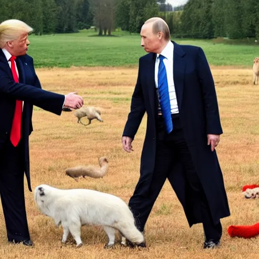 Image similar to donald trump and vladimir putin at animal farm petting animals