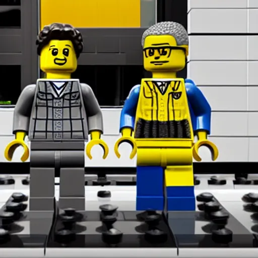 Prompt: LEGO Walter White and LEGO Gus Fring cooking meth with LEGO Obama in yellow jumpsuits