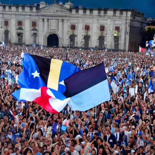 Image similar to Lady Gaga as president, Argentina presidential rally, Argentine flags behind, bokeh, giving a speech, detailed face, Argentina