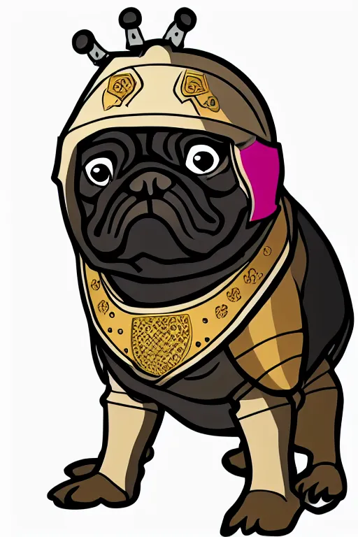 Prompt: Portrait of a pug in a medieval armor, knight, medieval, sticker, colorful, illustration, highly detailed, simple, smooth and clean vector curves, no jagged lines, vector art, smooth