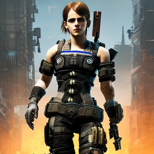 Image similar to emma watson in gears of war, destiny 2, witcher 3, god of war, warframe, cyberpunk 2 0 7 7, overwatch, fortnite, highly detailed, extremely high quality, hd, 4 k, professional photographer, 4 0 mp, lifelike, top - rated, award winning, realistic, detailed lighting, detailed shadows, sharp, edited, corrected, trending