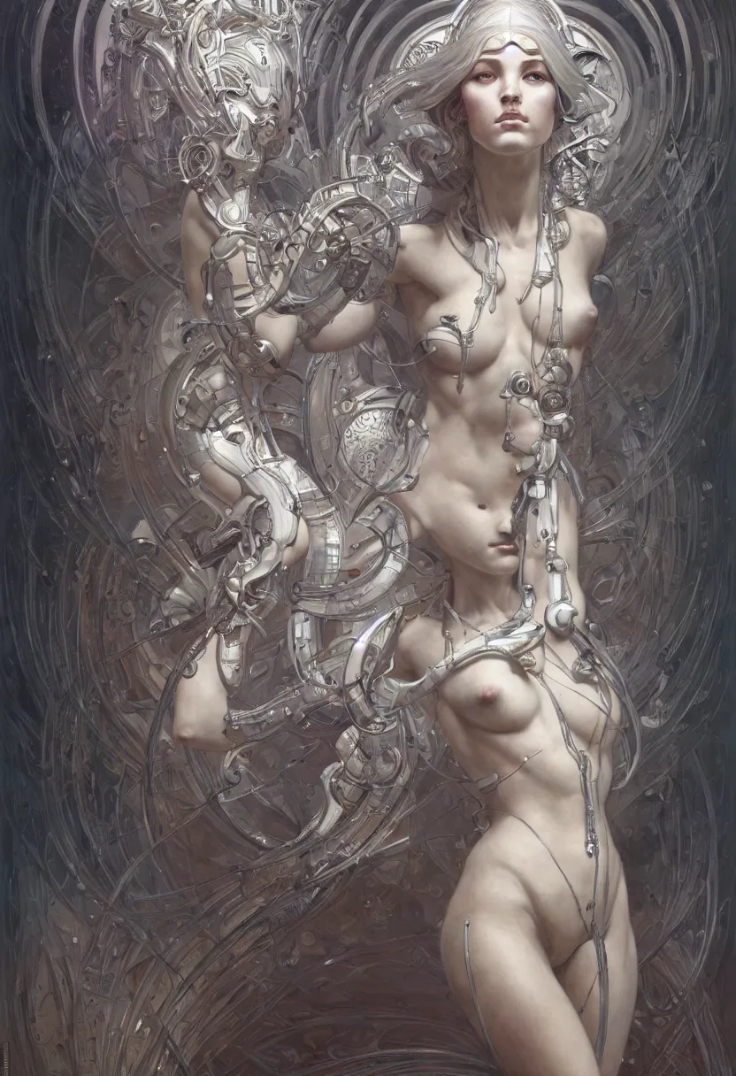 Image similar to beautiful white cyborg goddess, by william - adolphe bouguereaum artgerm and hr giger and zdzislaw beksinski and alphonse mucha, matte painting, hyperdetailed, symmetry, art nouveau, beautiful render, concept art