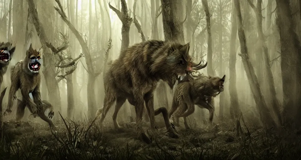 Prompt: an epic action concept masterpiece of a rabid wolfpack, in a forest made of nightmares, inspired by sd ai. horrific digital art, extremely moody lighting