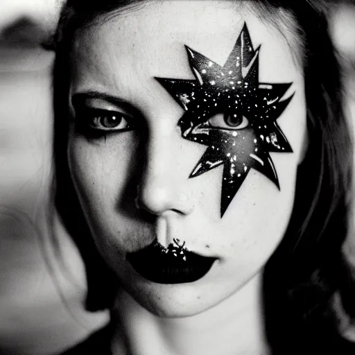 Prompt: beautiful young woman with gutterpunk pen ink face tattoos stares at the camera, night sky, stars in background, bruce gilden, leica s, fuji 8 0 0, grainy, low light