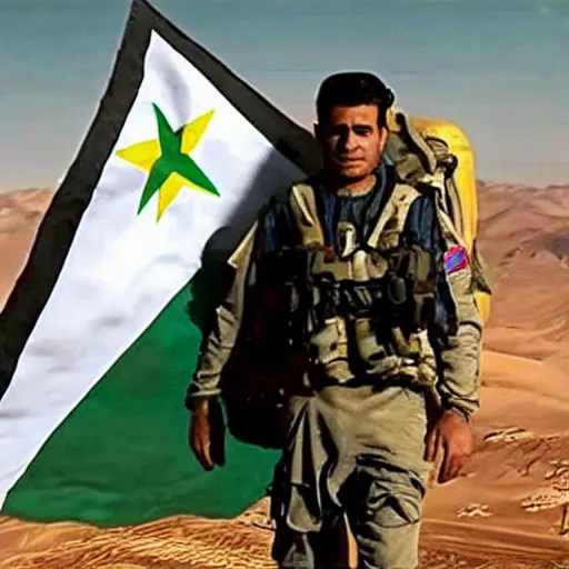 Image similar to kurdish astronaut holding a kurdistan flag in a movie directed by christopher nolan, movie still frame, promotional image, imax 7 0 mm footage