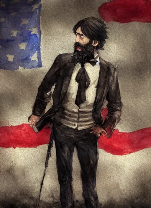 Image similar to portrait, a handsome small Frenchman with beard and long black hair toasting with whiskey, French flag in the background, watercolor, dramatic lighting, cinematic, establishing shot, extremely high detail, foto realistic, cinematic lighting, digital art, by Yoshitaka Amano, Ruan Jia, Kentaro Miura, Artgerm, post processed, concept art, artstation, matte painting, style by eddie mendoza, raphael lacoste, alex ross