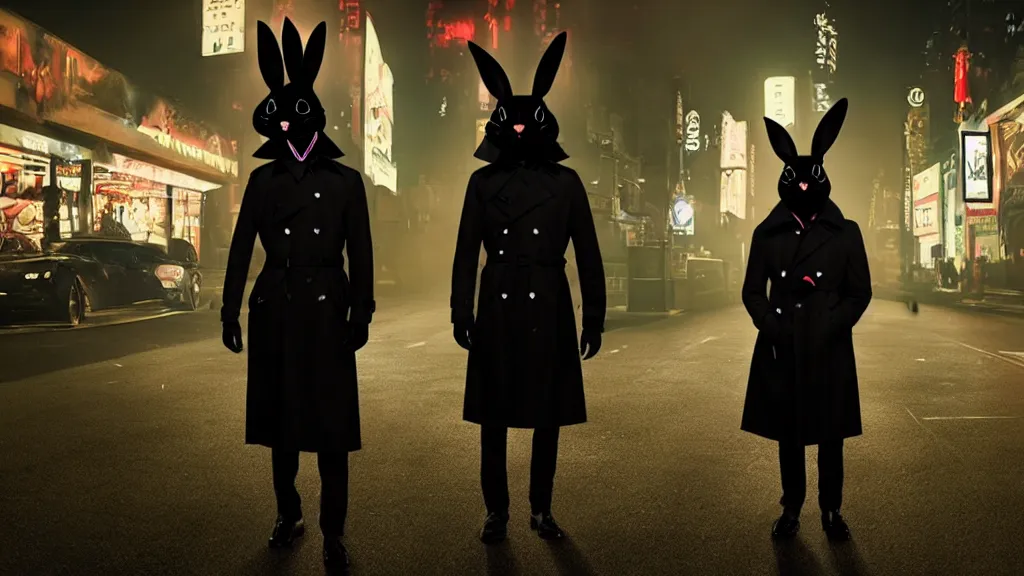 Prompt: a man in a trench coat wearing a black rabbit mask in front of a night club, film still from the movie directed by Denis Villeneuve with art direction by Salvador Dalí, wide lens