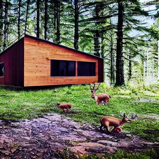 Prompt: a modern cabin in a forest with deers and rabbits and many animals around
