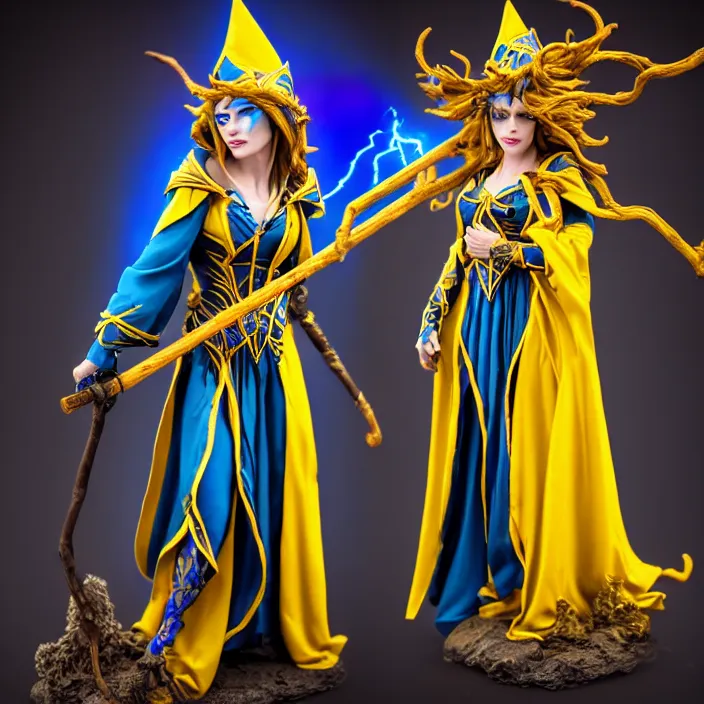 Image similar to photograph of a real - life beautiful!! elemental lightning witch with ornate yellow and blue robes and staff. extremely detailed. 8 k