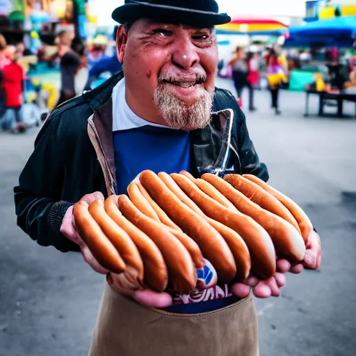 Image similar to weird man selling hotdogs, 🌭, canon eos r 3, f / 1. 4, iso 2 0 0, 1 / 1 6 0 s, 8 k, raw, unedited, symmetrical balance, wide angle