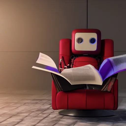 Prompt: futuristic studious matte brown and red full-body humanoid robot with two huge round expressive sad purple glowing LED eyes and open rectangular mouth sitting on a large comfortable cushioned 1950s vintage recliner reading a newspaper. open newspaper. Cinematic Movie Photograph, Arri Alexa, Extremely Detailed, smooth, very very clean, 8K, octane render, maya render, unreal engine, trending on artstation, DSLR, excellent composition, center frame