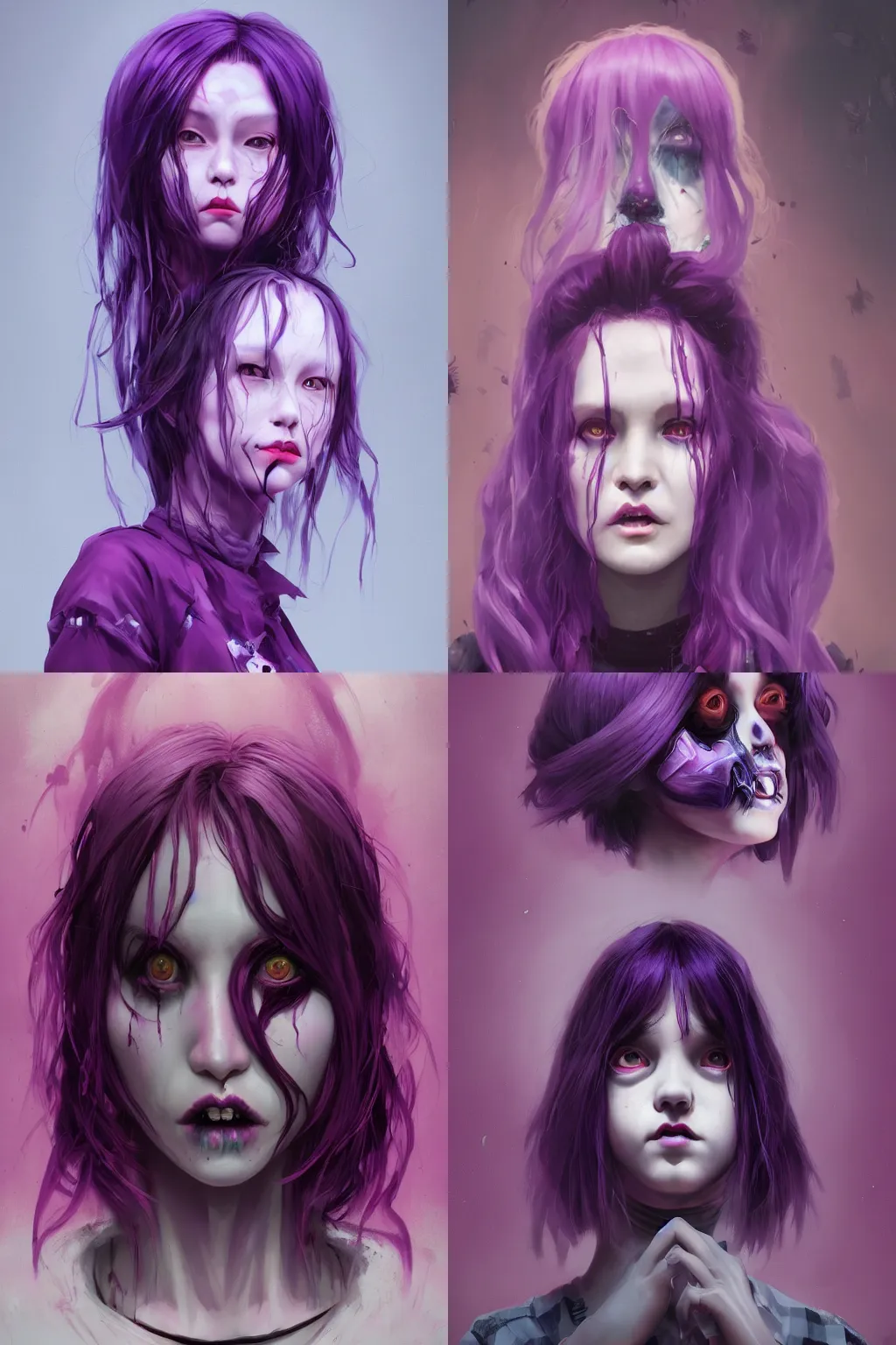 Image similar to portrait of a creepy horror girl purple hair by Tooth Wu, wlop, dan mumford , trending on artstation, greg rutkowski very coherent symmetrical artwork. cinematic, hyper realism, high detail, octane render, 8k