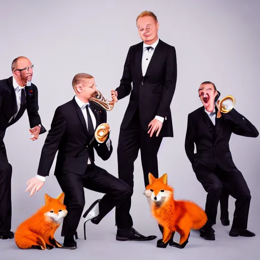 Image similar to photorealistic music album cover, with foxes animals dressed in suits, all looking at camera, studio lighting, award winning photograph, 8 5 mm f / 1. 4