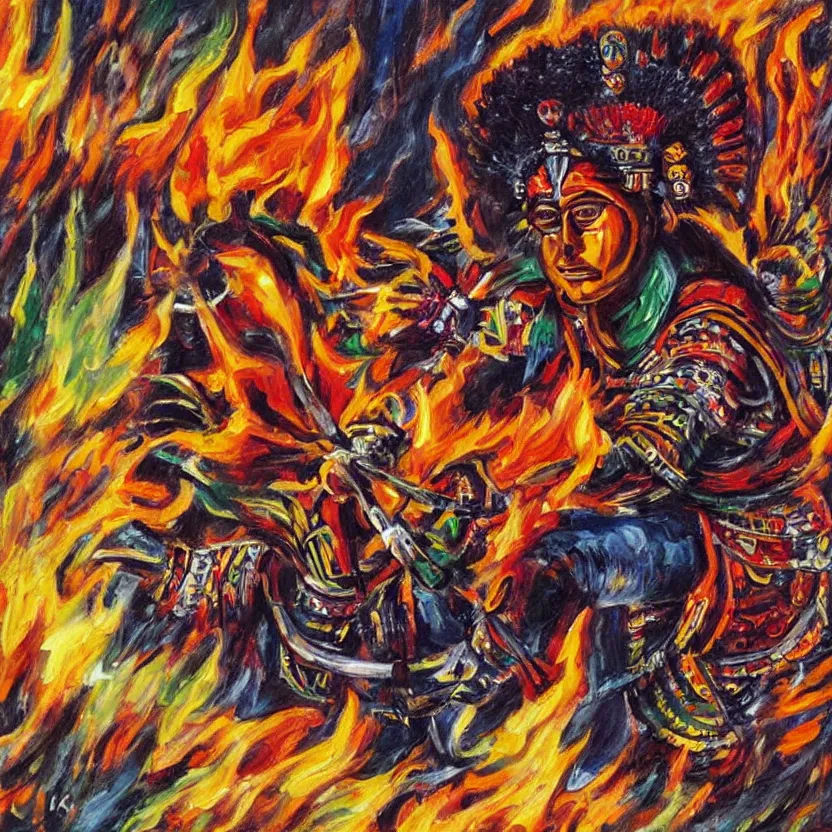 Prompt: colorful oil painting of an aztec warrior running away from a fire