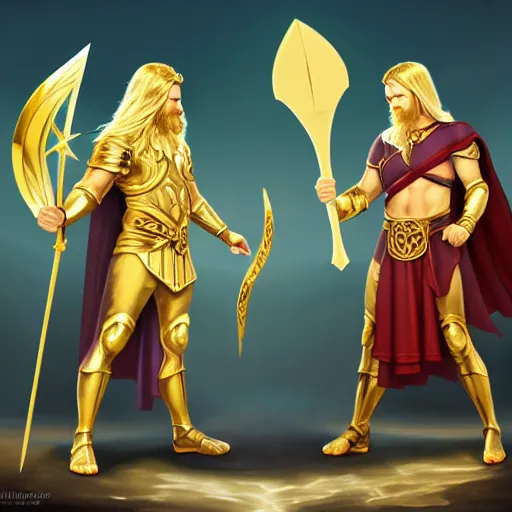 Prompt: stunning painting of two heroic gods, golden shiny hair, heroic ancient clothe, holding holy weapons, by concept art, masterpiece, character art, epic, magical, wisdom, mythologic, celtic, sufism, ultra detailed, minimal, cinematic, octan render, soft ligthing, holographic background, centered, artstation hd, 8 k resolution, high quality image