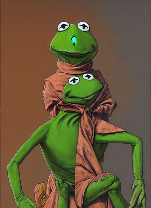 Image similar to portrait of Kermit the frog in Society (1989), highly detailed, centered, solid color background, digital painting, artstation, concept art, smooth, sharp focus, illustration, artgerm, donato giancola, Joseph Christian Leyendecker, Les Edwards, Ed Repka, WLOP