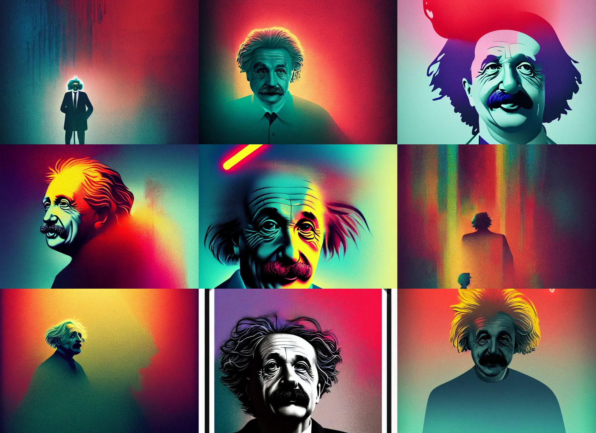 Prompt: portrait of einstein, colorful, modern art deco, mads berg, karolis strautniekas, christopher balaskas, stippled light, fog, moody, fine texture, editorial illustration, dramatic lighting, dynamic composition, detailed, matte print, dynamic perspective, muted color