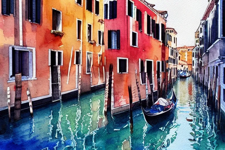 Image similar to !! watercolor!! venice in a sunny day, artwork by tooth wu, colorful contrast,!! very coherent!!, dark shadow, thick lineart