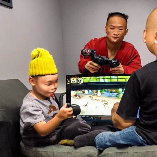 Image similar to a honey badger, creeper, and Shaolin monk playing video games together