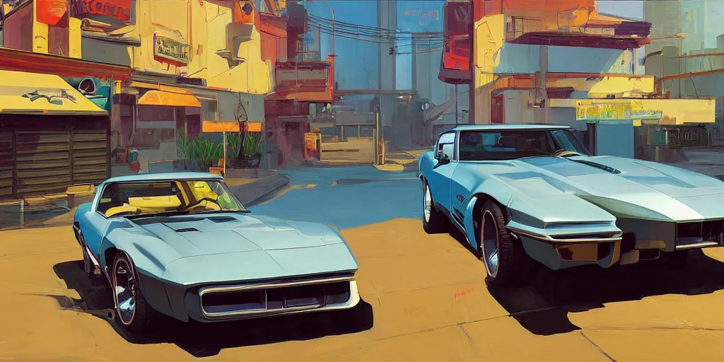 Image similar to art style by Ben Aronson and Edward Hopper and Syd Mead, wide shot view of the Cyberpunk 2077, on ground level. full view of the Corvette 1969 with wide body kit modification.