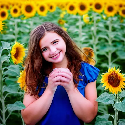 Image similar to Portrait, Photo of a Ukrainian girl Smiling at the camera, Beautiful pretty young, flowers in her dark hair, Scene: Sunflower field, Colors: Yellow sunflowers, blue cloudy sky, In a style of Real-Life Natural Photo