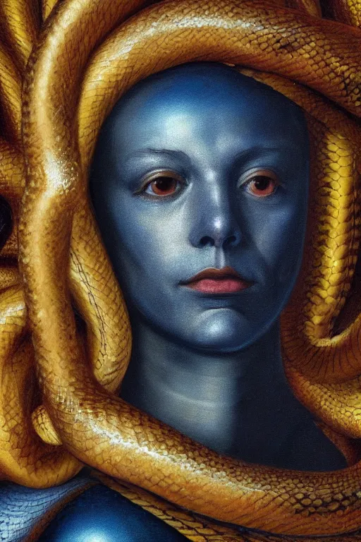 Image similar to hyperrealism oil painting, close - up portrait of face from a tangle of snakes medieval fashion model, knight, steel gradient mixed with nebula sky, in style of baroque