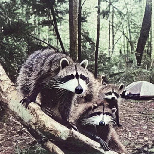 Image similar to raccoons on a camping trip, 1 9 8 0 s photo