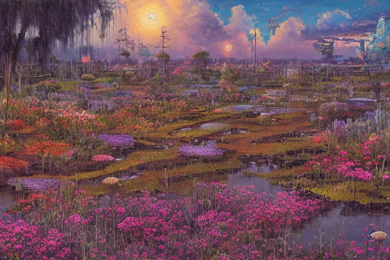 Image similar to oil painting, super - detailed scene akira, twilight junkyard, louisiana swamps, indigo blooming flowers garden, japanese sci - fi books art, artwork by jean giraud, hd, 4 k, high quality