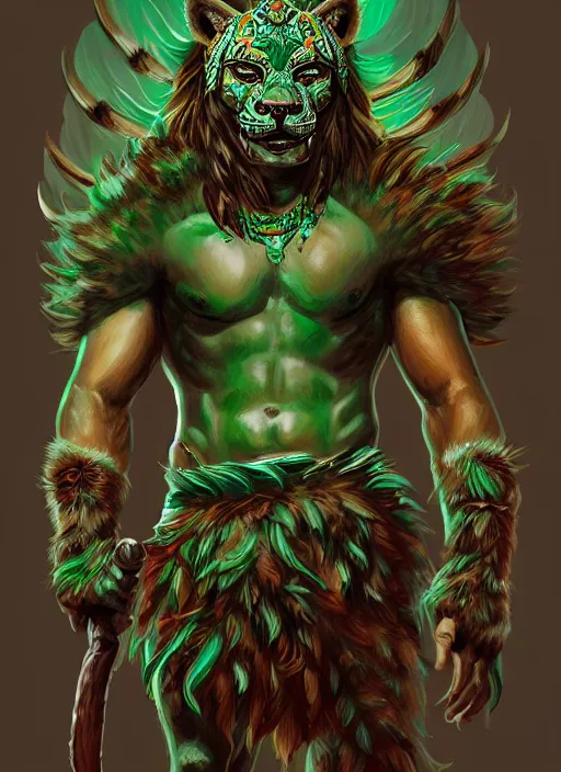 Image similar to a highly detailed illustration of fierce young aztec jaguar warrior boy wearing green jaguar mane, heroic roaring wielding aztec sword pose, muscular, intricate, elegant, highly detailed, centered, digital painting, artstation, concept art, smooth, sharp focus, league of legends concept art, wlop