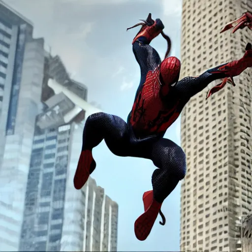 Image similar to a single venom and spider - man hybrid, dslr, cinematic, volumetric lighting, 8 k resolution, photorealistic