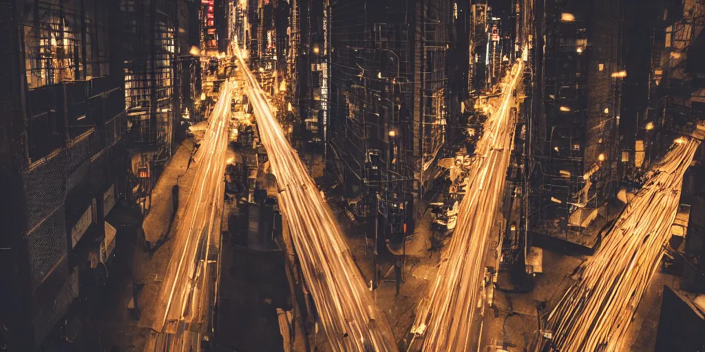 Image similar to a city street at night, raining, photograph, cyberpunk, sharp focus, intricate detail, drone shot,