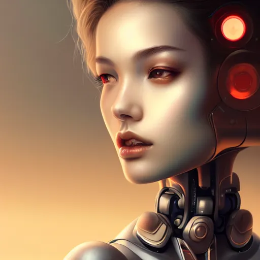 Image similar to portrait of beautiful girl with robot body by artgerm and fenghua zhong, close up, portrait, cinematic, elegant, artstation, intricate, highly detailed, digital painting, artstation, concept art, sharp focus, illustration, cyberpunk, cgsociety, 8 k