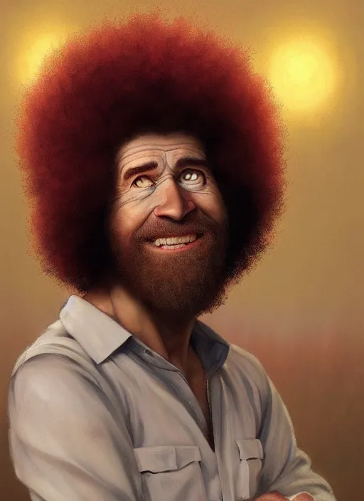 Prompt: Portrait of Bob Ross, white glowing eyes, maroon coloured afro, male, fantasy, extremely detailed, digital painting, artstation, concept art, smooth, sharp focus, illustration, stunning lighting, art by artgerm and greg rutkowski and alphonse mucha and simon stalenhag, realistic character concept, high fantasy, light atmosphere, golden ratio, cinematic lighting, hyperdetailed, high resolution, insanely detailed and intricate, artstation, Marc Simonetti, Greg Rutkowski, 8k