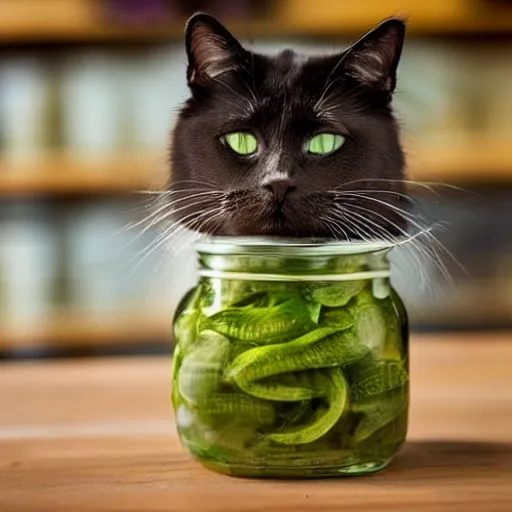 Prompt: close up photograph of a cat in a pickle jar.